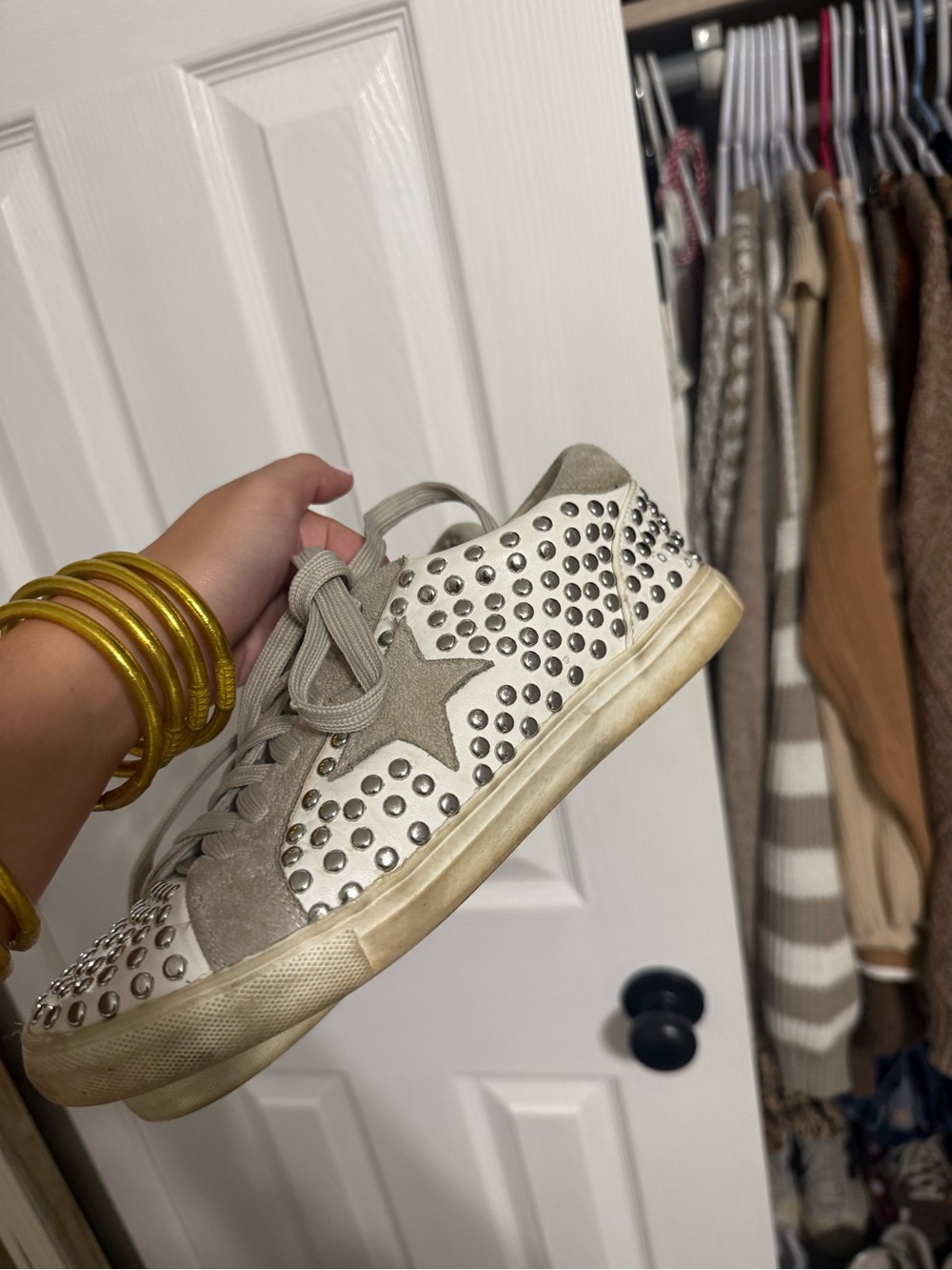 Studded White Leather Sneaker with Star Accent